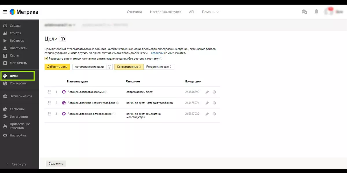 Раздел с целями в Яндекс.Метрике. На скриншоте видны цели, которые Метрика создала автоматически